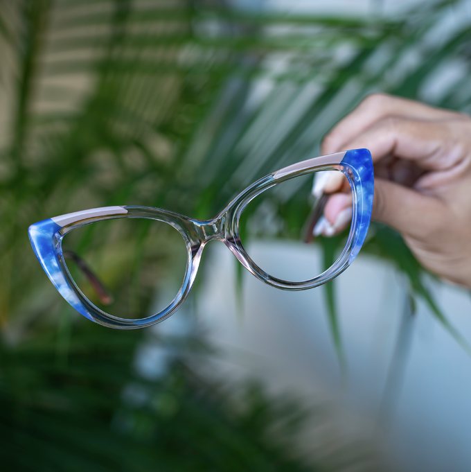 Blue and clear cat-eye frames