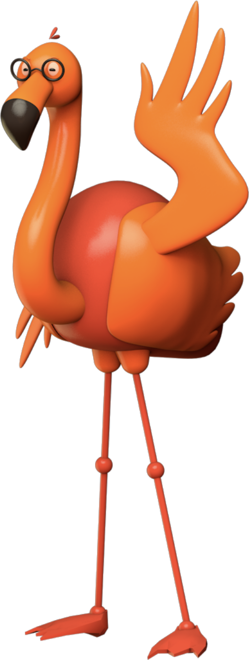 KLY's flamingo mascot in round glasses, waving